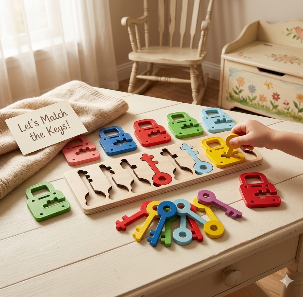 Wooden Lock & Key Matching Puzzle – 8-Color & Shape Sorting Toy, Montessori-Inspired Educational Learning Game for Toddlers