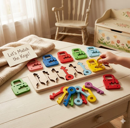 Wooden Lock & Key Matching Puzzle – 8-Color & Shape Sorting Toy, Montessori-Inspired Educational Learning Game for Toddlers