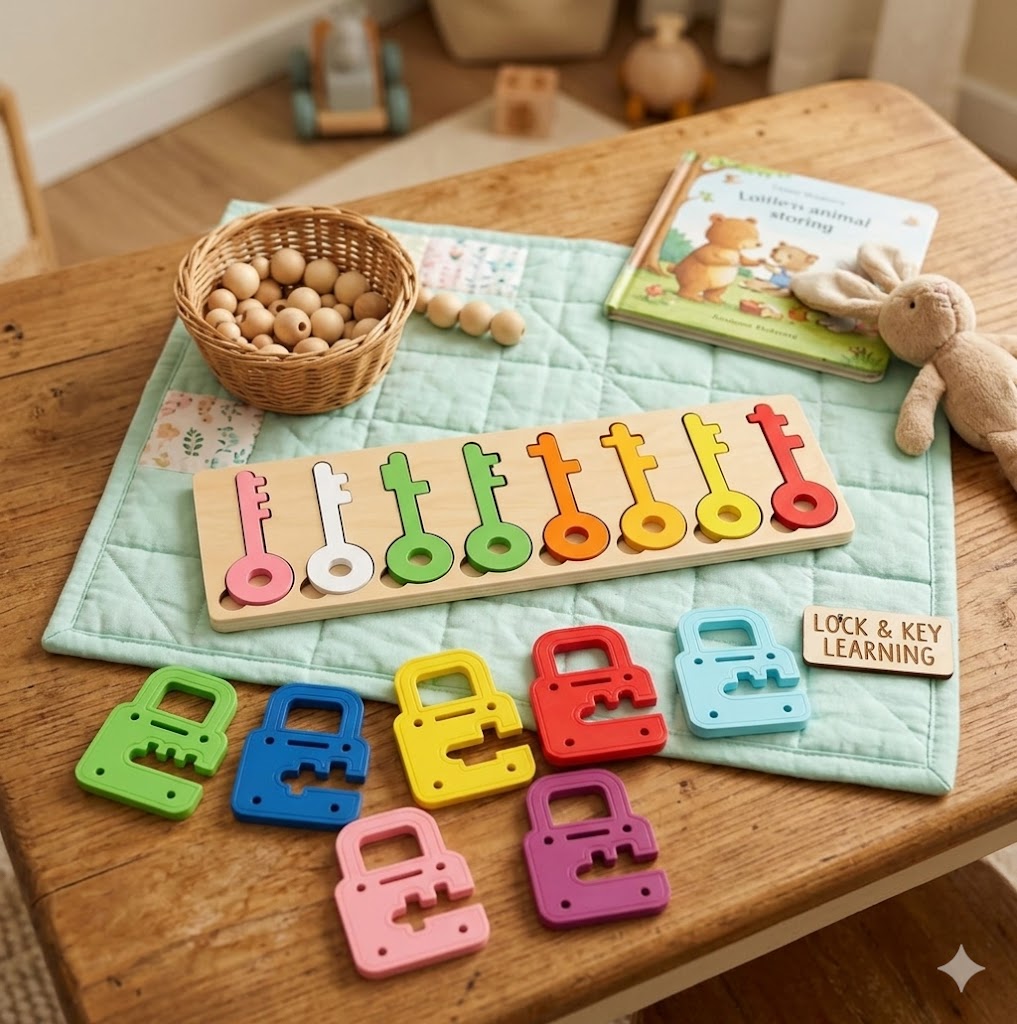 Wooden Lock & Key Matching Puzzle – 8-Color & Shape Sorting Toy, Montessori-Inspired Educational Learning Game for Toddlers