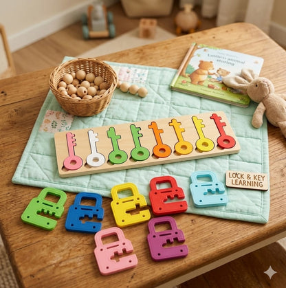 Wooden Lock & Key Matching Puzzle – 8-Color & Shape Sorting Toy, Montessori-Inspired Educational Learning Game for Toddlers