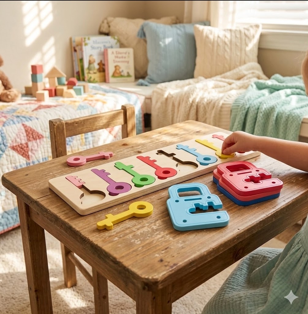 Wooden Lock & Key Matching Puzzle – 8-Color & Shape Sorting Toy, Montessori-Inspired Educational Learning Game for Toddlers